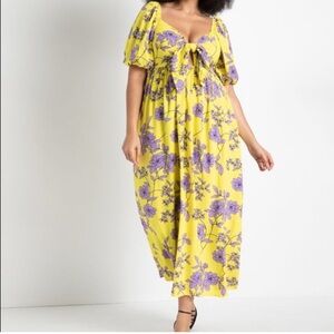 Eloquii Yellow and Purple Floral Key Hole Tie Front Maxi Dress